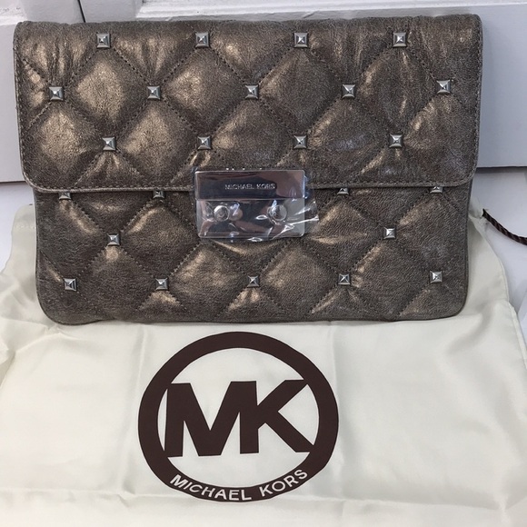 MICHAEL MICHAEL KORS Metallic Gray Sloan Leather Studded Clutch - Picture 1 of 6